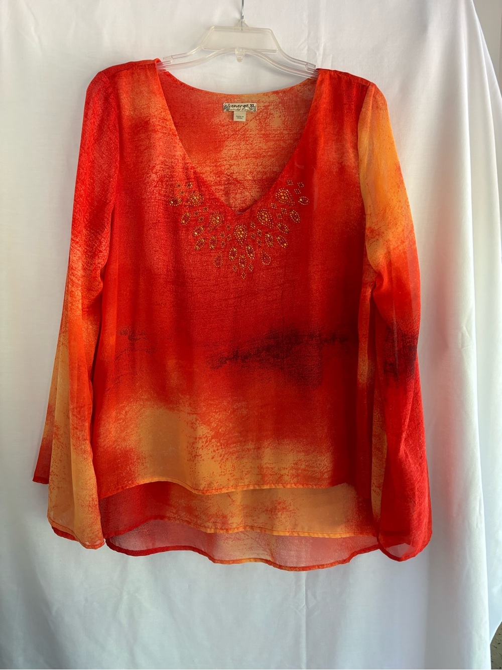 Women's V-Neck Embellished Blouse in Orange-Red